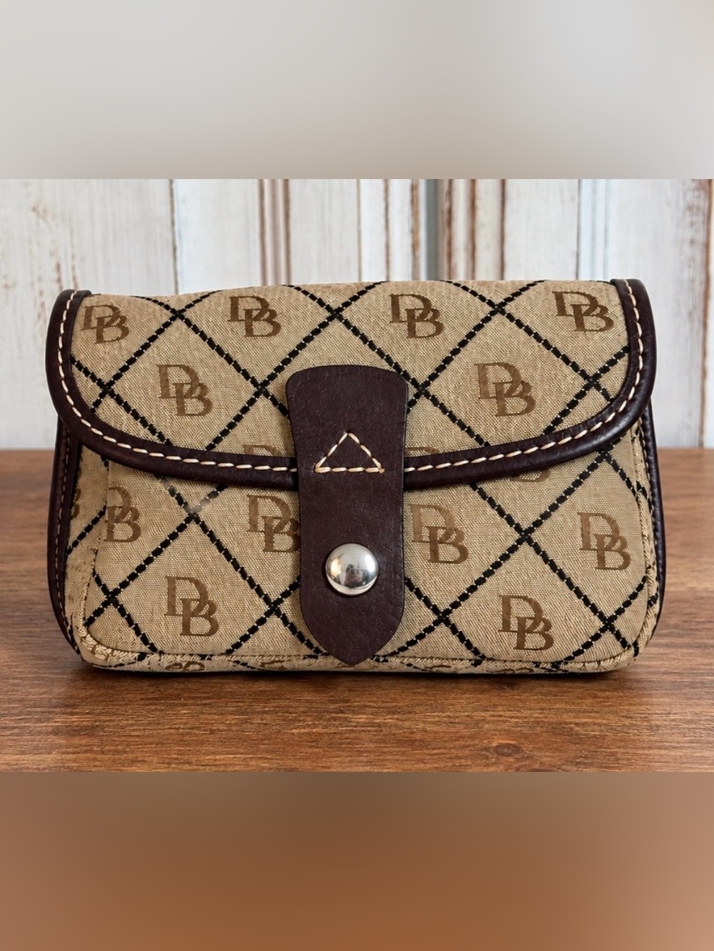 VINTAGE! Dooney & Bourke Signature DB Monogram Flap Wristlet Duck Charm